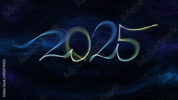 Obraz 2025 Happy new year dark futuristic glowing wavy pattern card; creative design to 2025 Happy New Year celebration concept, modern futuristic wavy neon flow banner