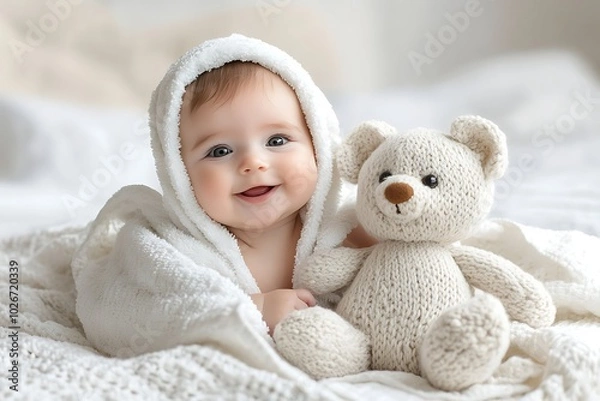 Obraz Cute baby snuggled in a towel, with a teddy, white background, high-detail shot, light and bright, trending keywords, studio photography, serene setting, playful mood, premium finish, warm highlights