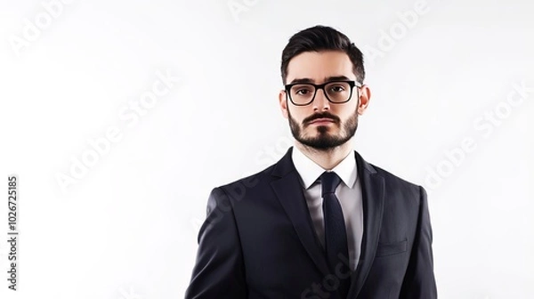 Obraz Male in Elegant Suit Looking at Camera on White Background - Generative AI