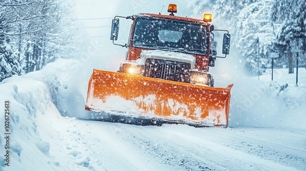 Fototapeta A snow plow truck is removing snow during a heavy snowstorm.