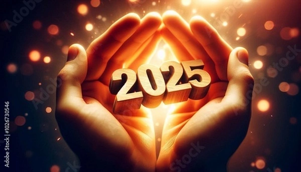 Fototapeta Two hands delicately hold the number "2025" on wooden blocks, with warm lights and bokeh in the background, creating a festive and hopeful atmosphere for the New Year