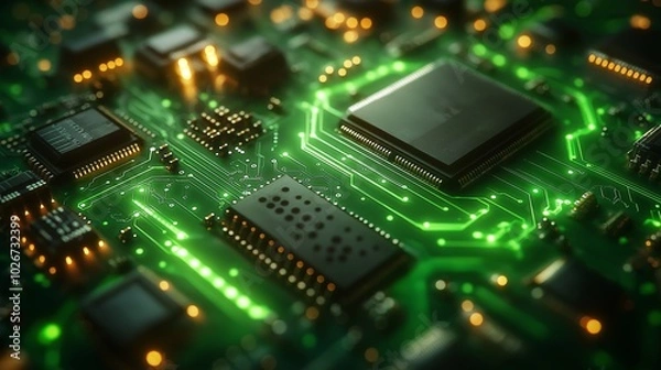Obraz Green Circuit Board with Microchips and Glowing Lights, Ideal for Technology and Electronics-Themed Projects