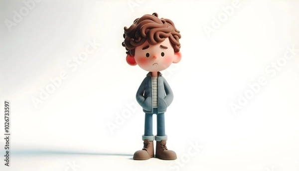 Fototapeta Claymation Style Full Body Standing Young Boy Character with Curly Hair, Isolated on White Showing Gesture