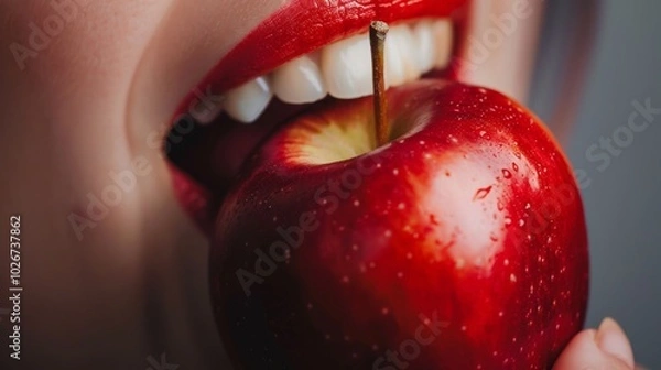Fototapeta A woman biting into a red apple, shown in a close-up image.





