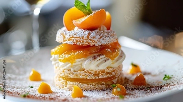 Fototapeta Apricot jam and caramel cream piled atop a delicate sponge
