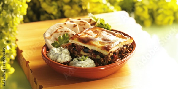 Fototapeta a bowl of food on a table with a plant in the background