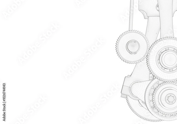 Fototapeta Pistons and connecting rods and other parts on a white background.