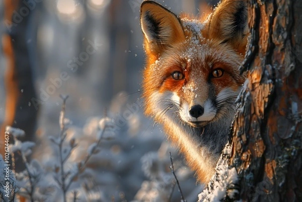 Obraz Close-Up Portrait of Fox in Autumn Forest with Warm Lighting
