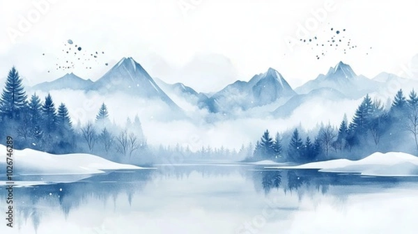 Fototapeta Serene winter watercolor scene with mountains, lake and snow. Blue-toned landscape with soft brushstrokes. Perfect as a background for winter-themed designs.