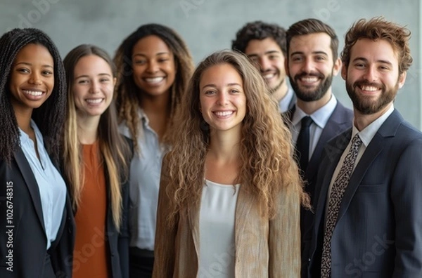 Obraz Diverse group of business professionals standing together, smiling in a modern office. Friendly, inclusive workplace culture and teamwork concept.