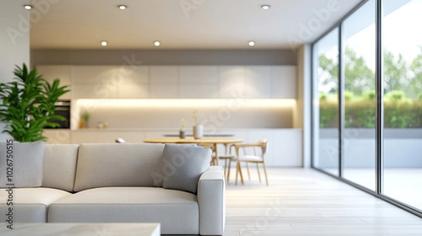 Obraz A simple, modern kitchen and living room with a blurred background.  The space features a sofa, table, and chairs.