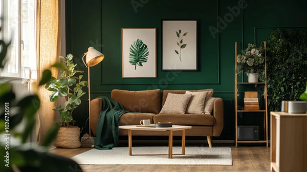 Obraz A stylish living room with dark green walls, a white wooden floor, a brown sofa, a lamp, and a coffee table.
