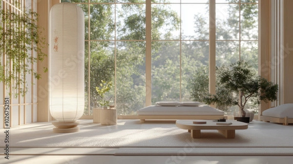 Fototapeta A modern, white and beige room with furniture and decorations.  There's a large Japanese lamp and a view of nature. This is a 3D illustration.