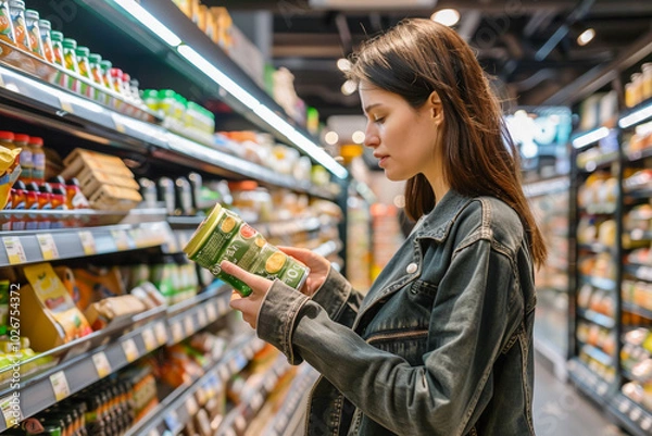 Fototapeta Young woman reading product label while shopping in a grocery store, carefully choosing packaged food items.