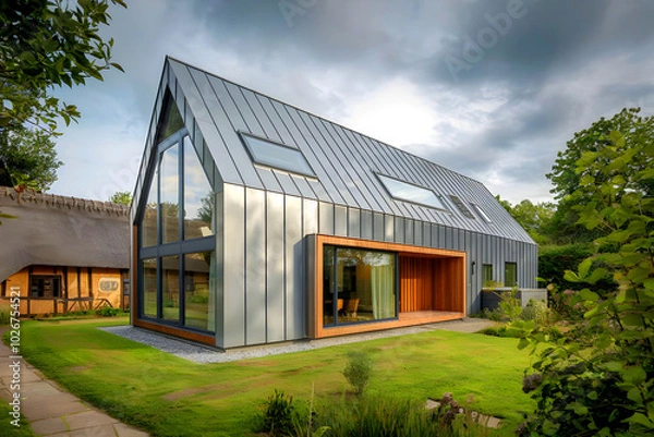 Fototapeta Old cottage, new, modern, and unique. cloudy sky in the UK.
