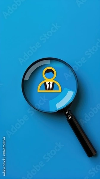 Fototapeta CV Search Icon with Person in Magnifying Glass on Vibrant Background for Personnel Search