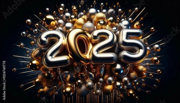 Fototapeta New year 2025. Festive display of gold and silver metallic balloons forming the number "2025", surrounded by metallic spheres and rods, dark background