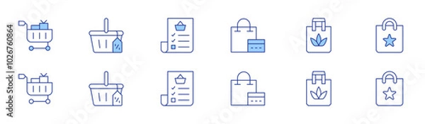 Fototapeta Shopping icon set in two styles, Duotone and Thin Line style. Editable stroke. shopping bag, shopping cart, shopping basket, shopping list