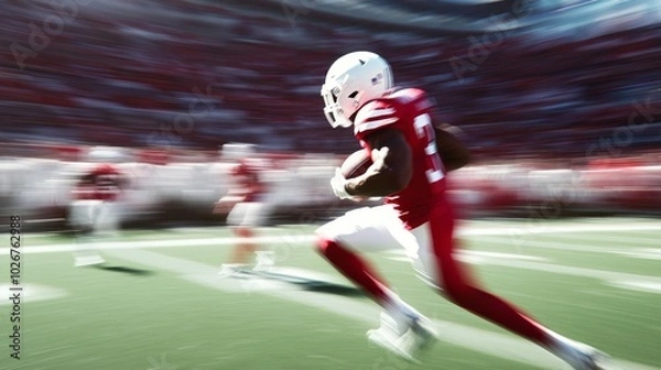 Fototapeta Dynamic American Football Action Shot with Player Sprinting Down Sideline Among Defenders and Excited Crowd, Enhanced by Ultra-Detailed, Cinematic Light
