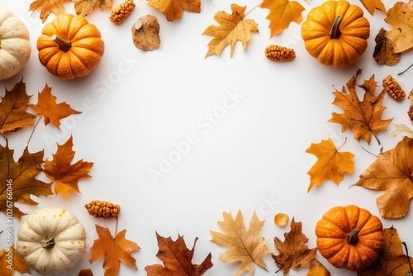 Fototapeta Design a minimalistic autumn background with a stark white surface, accented by clean, well-defined fall elements like golden leaves and muted orange pumpkins. 