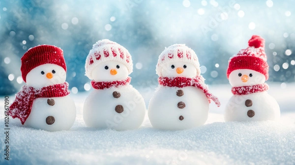 Obraz Happy snowman in winter. Christmas background with snow and blurred bokeh with copy space.