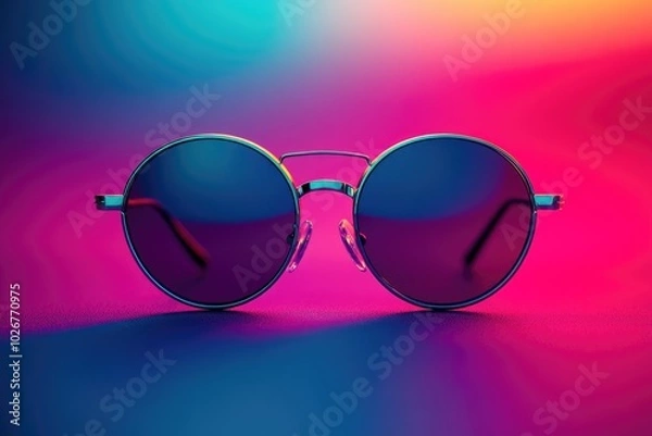 Fototapeta Retro Round Sunglasses on Vibrant Neon Background with Reflection and Stylish Gradient