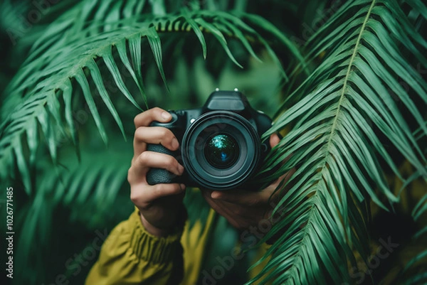 Fototapeta A photographer emerges from the verdant green with a camera in hand, capturing the essence of exploration and focus.