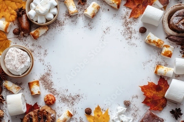 Fototapeta Make a frame box for text in the white box. All around text is designed as an autumn birthday party with confetti and with grilled marshmallows, sweets and sausages. Cosy warm tones. Natural light, 