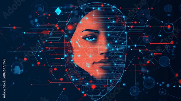 Fototapeta Illustration of facial recognition privacy concerns, featuring a face behind a shield of digital elements, highlighting the balance between security and personal privacy, with copy