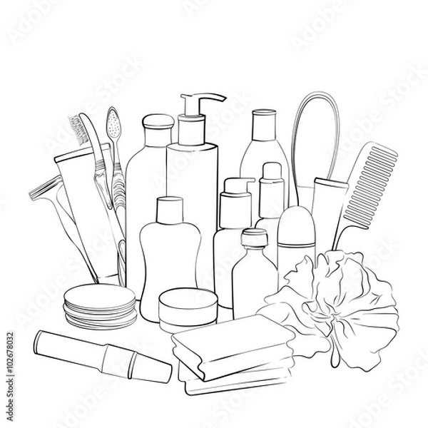 Fototapeta Hygiene set. Hand drawn collection of products for body care. Sketch of elements for bath or shower  isolated on white background. Black and white outline