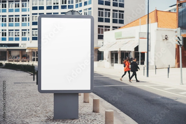 Fototapeta A blank billboard mockup stands prominently on a pedestrian sidewalk, set in an urban area with modern buildings and a crosswalk in the background. Two people walk in the distance