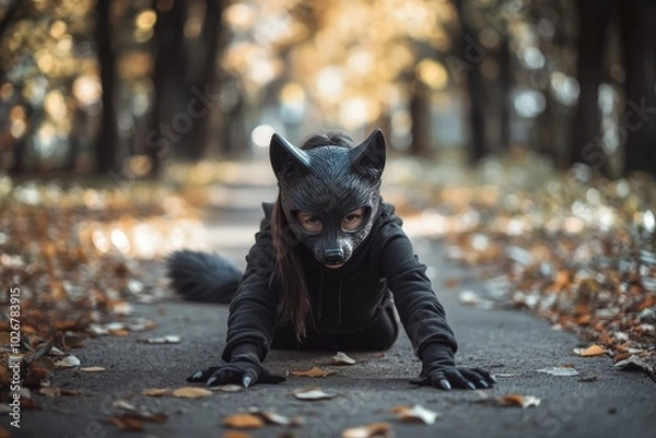 Fototapeta Child quadrobber wearing a fox costume crouching on a pathway surrounded by autumn leaves
