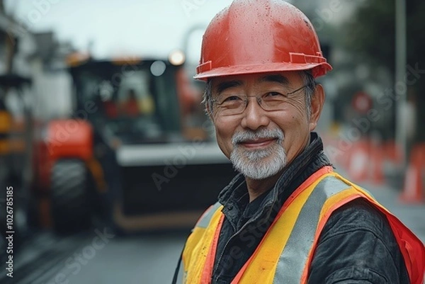 Fototapeta Smiling construction worker in a red hardhat and reflective vest at a worksite
