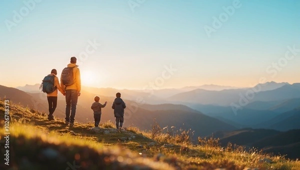 Fototapeta A Morning Hike: A Family Stroll Through Majestic Mountains As the Sun Rises, Embracing Nature Together Says a Thousand Memories on This Beautiful Day in the Great Outdoors.