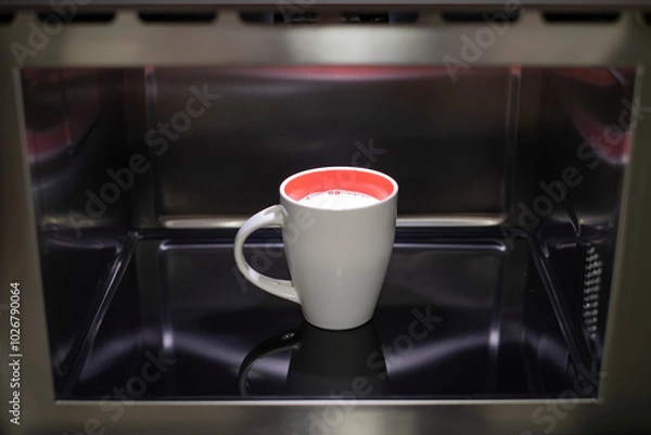 Obraz heating a white milk cup with a red interior inside a stainless steel microwave, a mug of milk in the kitchen microwave
