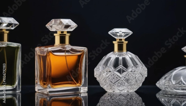 Obraz A collection of beautifully shaped crystal-clear perfume bottles elegantly displayed on a dark luxurious backdrop. This striking image is ideal for fragrance industry advertisements and branding.