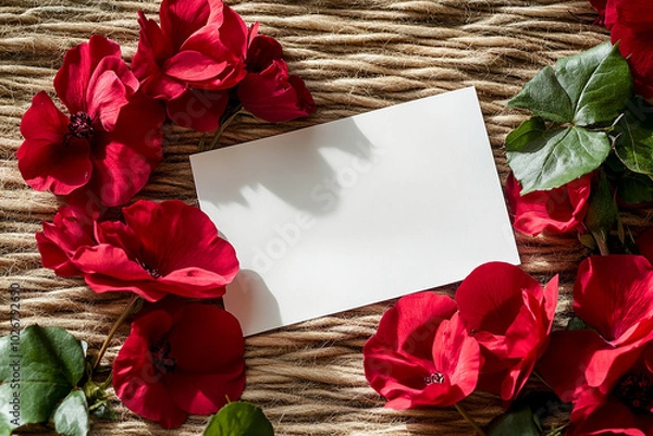 Fototapeta Red flowers with blank paper on copy space