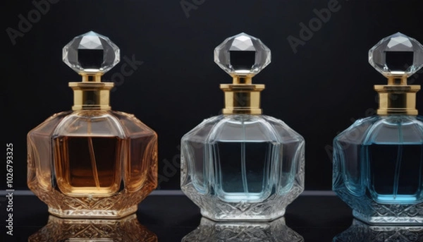 Fototapeta A collection of beautifully shaped crystal-clear perfume bottles elegantly displayed on a dark luxurious backdrop. This striking image is ideal for fragrance industry advertisements and branding.