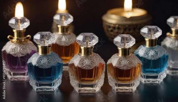 Fototapeta A collection of beautifully shaped crystal-clear perfume bottles elegantly displayed on a dark luxurious backdrop. This striking image is ideal for fragrance industry advertisements and branding.