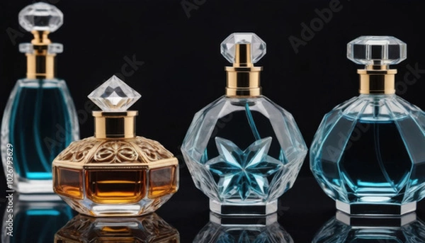 Obraz A collection of beautifully shaped crystal-clear perfume bottles elegantly displayed on a dark luxurious backdrop. This striking image is ideal for fragrance industry advertisements and branding.