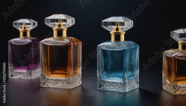 Obraz A collection of beautifully shaped crystal-clear perfume bottles elegantly displayed on a dark luxurious backdrop. This striking image is ideal for fragrance industry advertisements and branding.