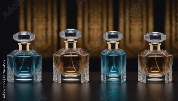 Fototapeta A collection of beautifully shaped crystal-clear perfume bottles elegantly displayed on a dark luxurious backdrop. This striking image is ideal for fragrance industry advertisements and branding.
