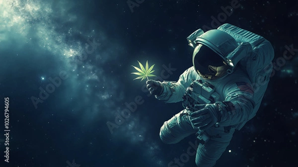 Fototapeta Astronaut floating in space holding a glowing cannabis leaf against a cosmic background