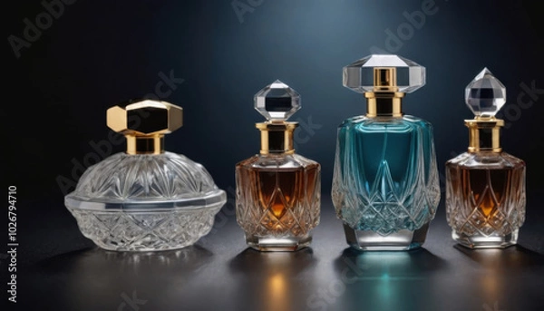Fototapeta A collection of beautifully shaped crystal-clear perfume bottles elegantly displayed on a dark luxurious backdrop. This striking image is ideal for fragrance industry advertisements and branding.