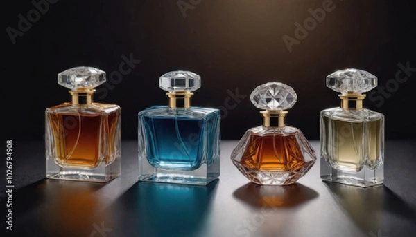 Obraz A collection of beautifully shaped crystal-clear perfume bottles elegantly displayed on a dark luxurious backdrop. This striking image is ideal for fragrance industry advertisements and branding.