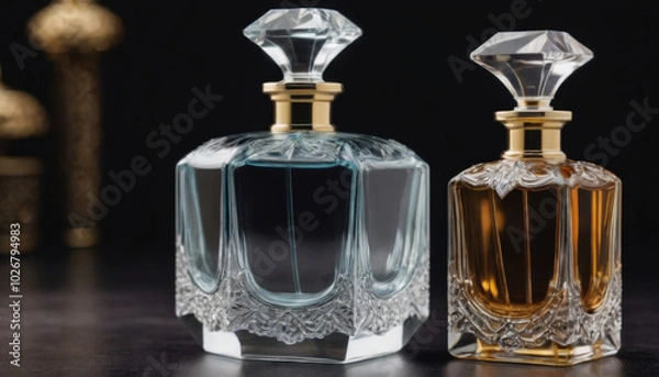 Obraz A collection of beautifully shaped crystal-clear perfume bottles elegantly displayed on a dark luxurious backdrop. This striking image is ideal for fragrance industry advertisements and branding.
