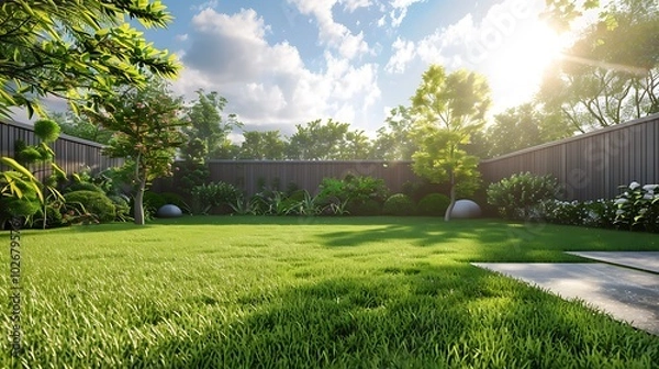 Fototapeta Modern the lawn grassland with fence and trees around the back yard area