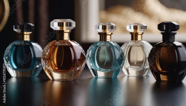 Fototapeta A collection of beautifully shaped crystal-clear perfume bottles elegantly displayed on a dark luxurious backdrop. This striking image is ideal for fragrance industry advertisements and branding.