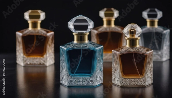 Fototapeta A collection of beautifully shaped crystal-clear perfume bottles elegantly displayed on a dark luxurious backdrop. This striking image is ideal for fragrance industry advertisements and branding.
