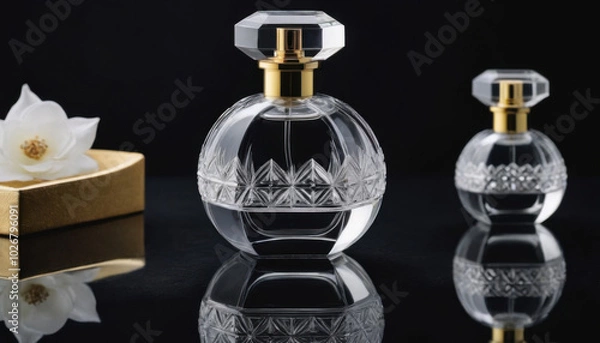 Obraz A collection of beautifully shaped crystal-clear perfume bottles elegantly displayed on a dark luxurious backdrop. This striking image is ideal for fragrance industry advertisements and branding.